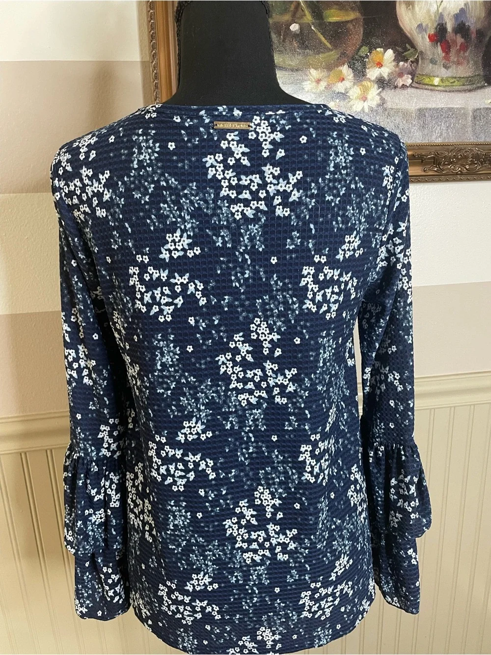 Michael Kors Navy Floral Ruffle-Sleeve Blouse